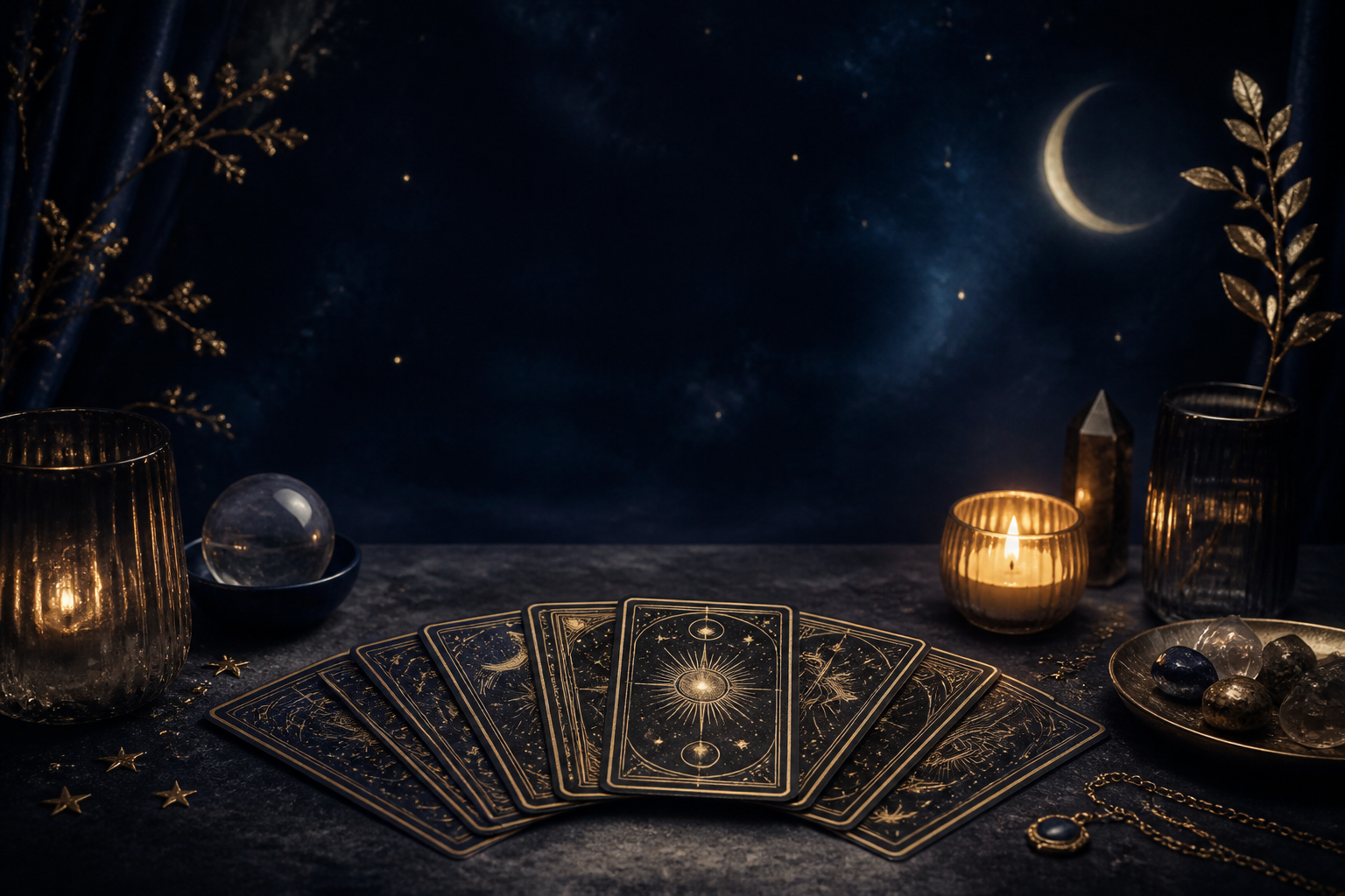 premium psychic tarot reading table with moonlight and cards